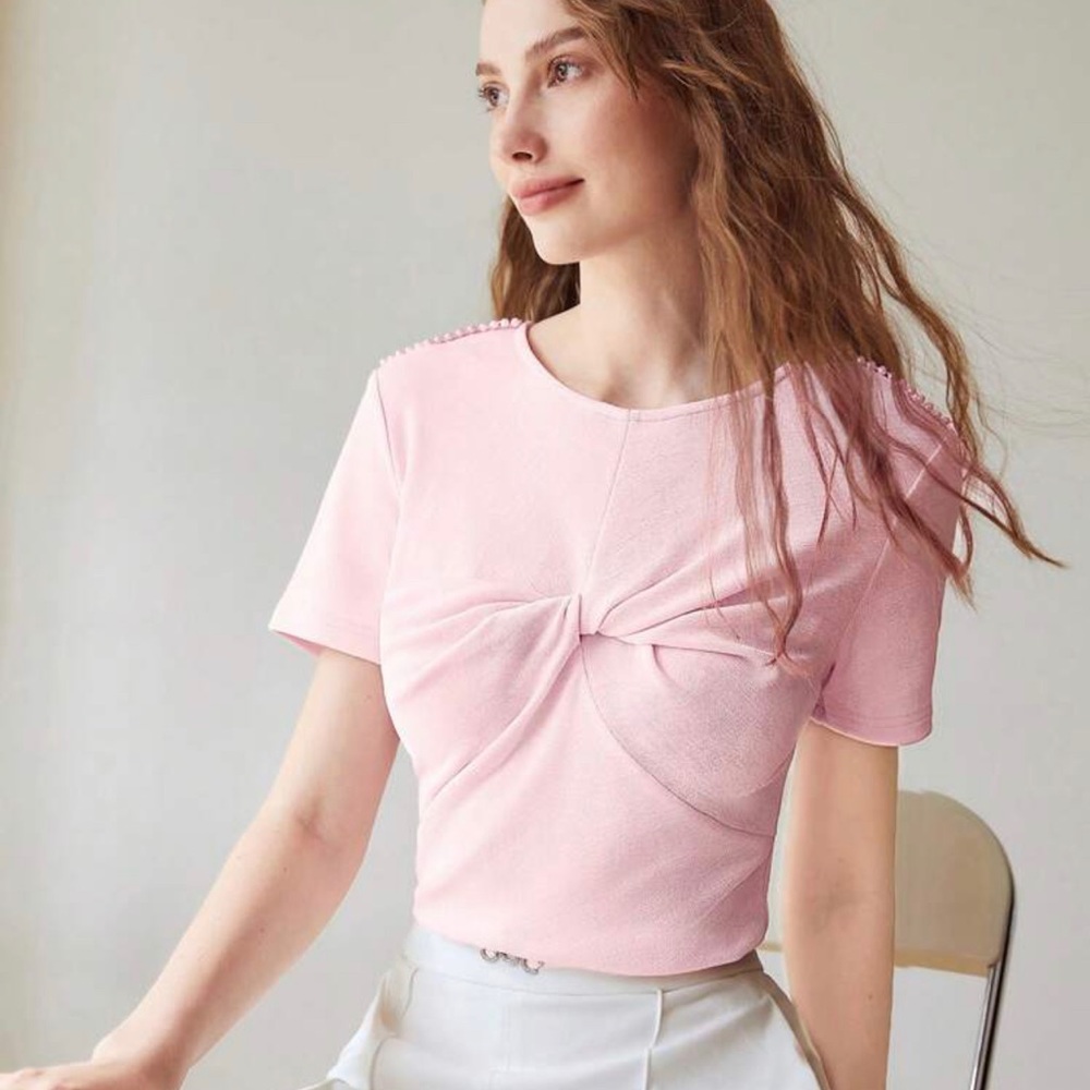 MOTF Blush Pink Twist Front Faux Pearl Embellished Top XS